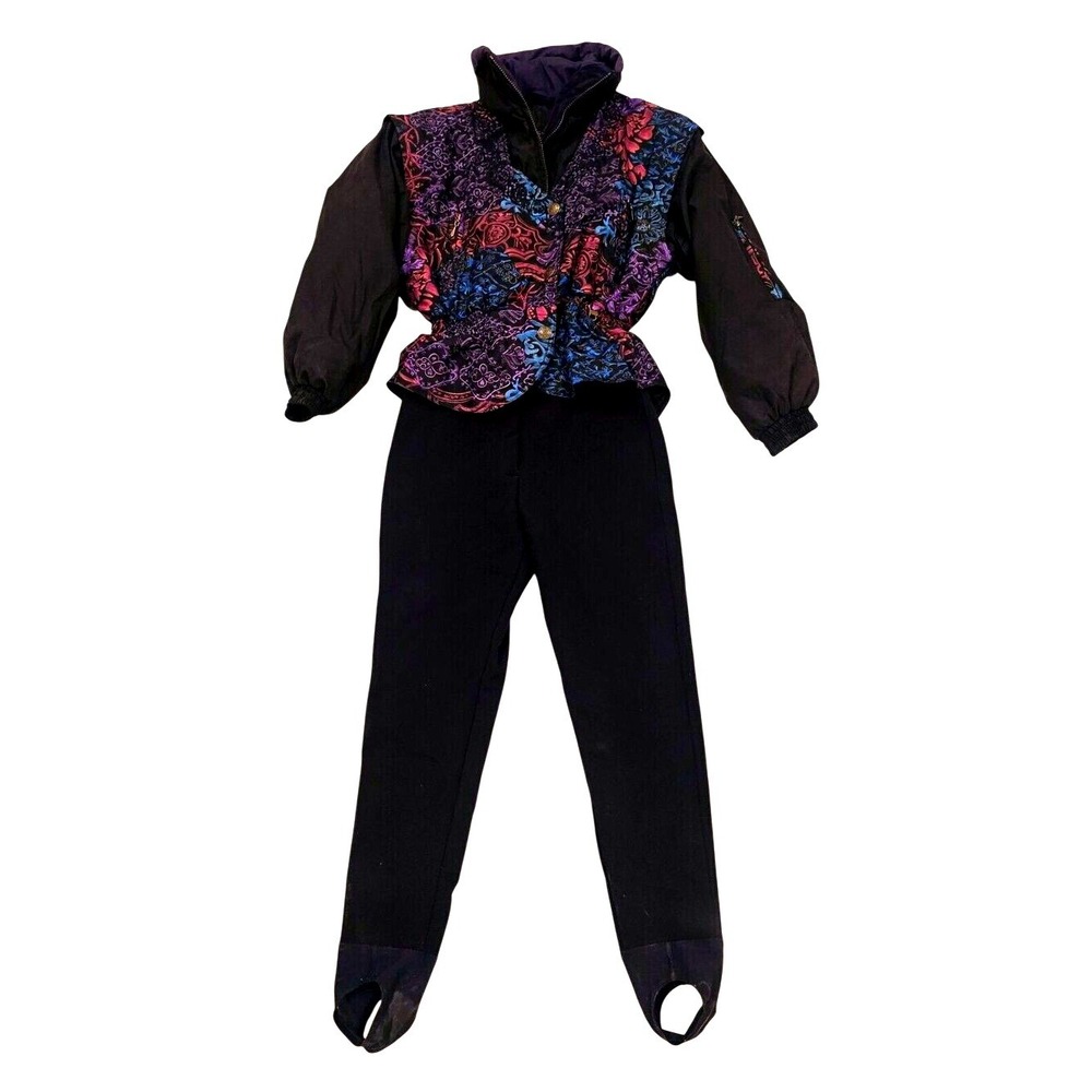 Vintage Skiing Passport 90s Ski Suit Set Jacket Stirrup Pants Purple Black USA